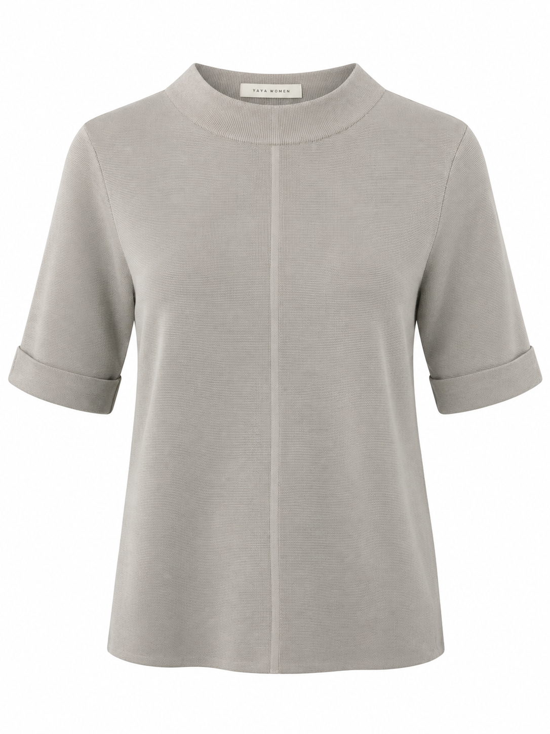 Front view of the YAYA Short Sleeve Sweater with Buttons at Back in Cloud Grey featuring a soft fine-knit fabric, high crew neckline, rolled short sleeves and centre seam detail.