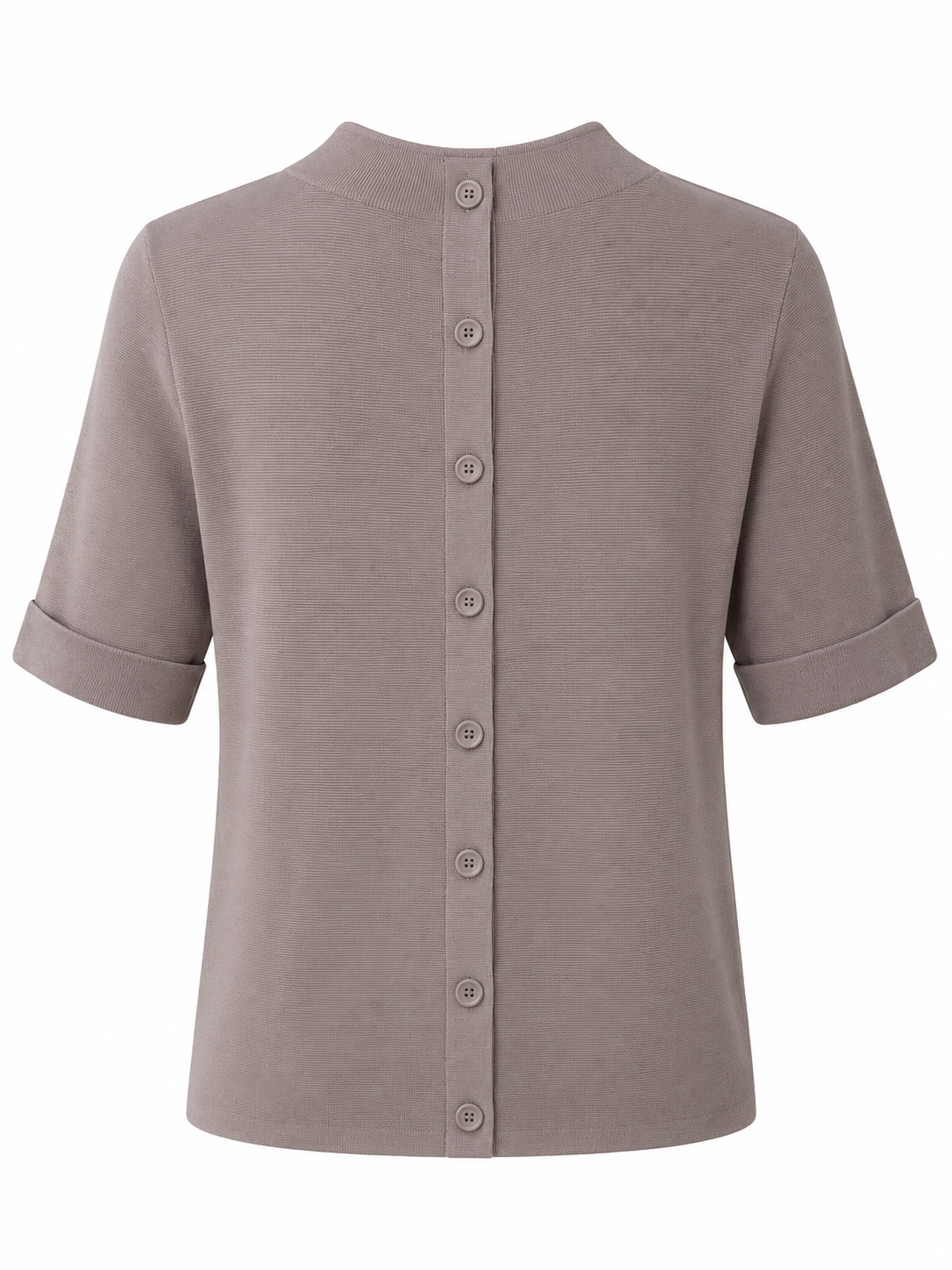 Back view of the YAYA Short Sleeve Sweater with Buttons at Back in Cloud Grey Purple showcasing the button-back fastening and rolled short sleeves.