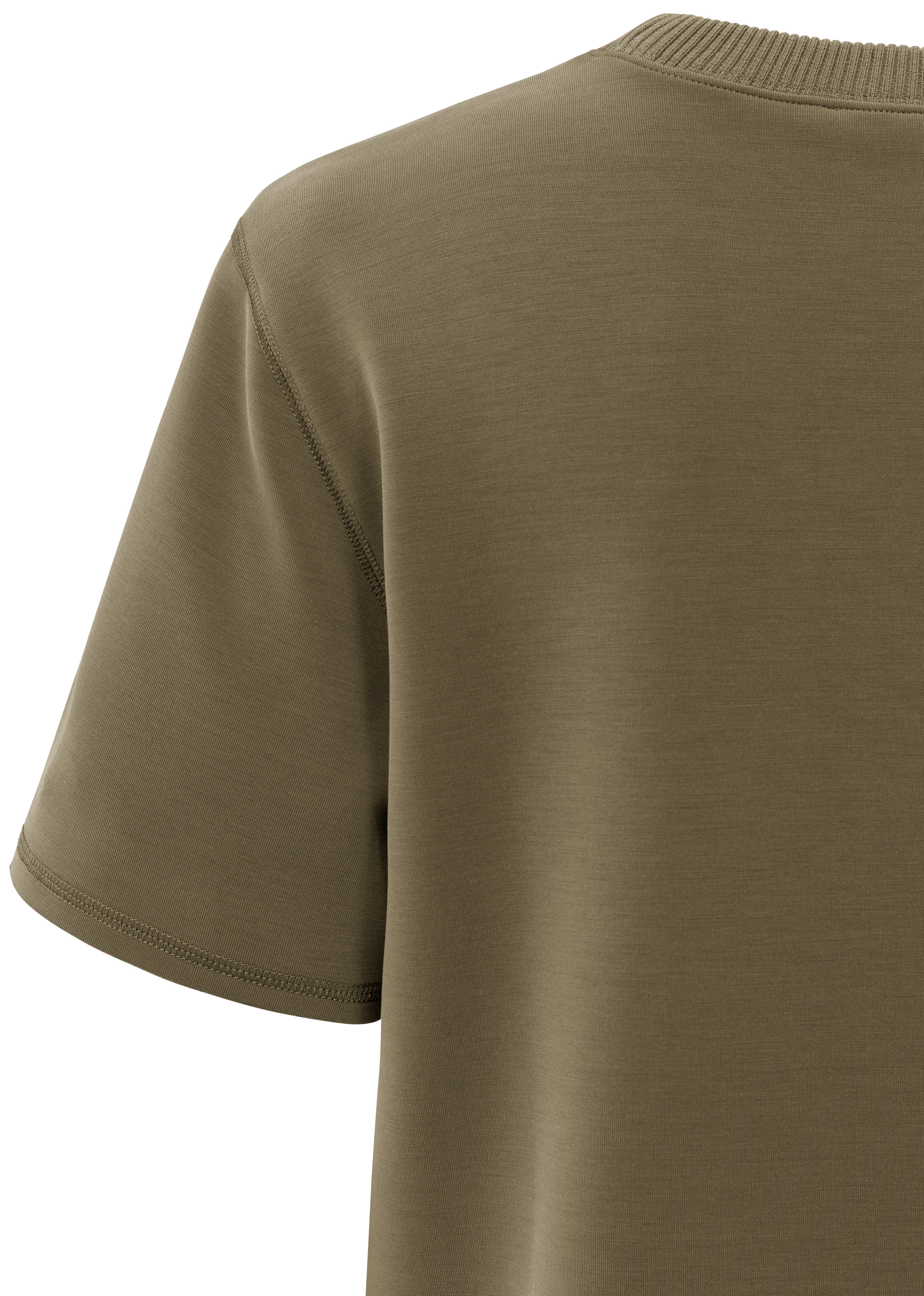 Close-up detail of YAYA capers brownish green T-shirt sleeve and neckline
