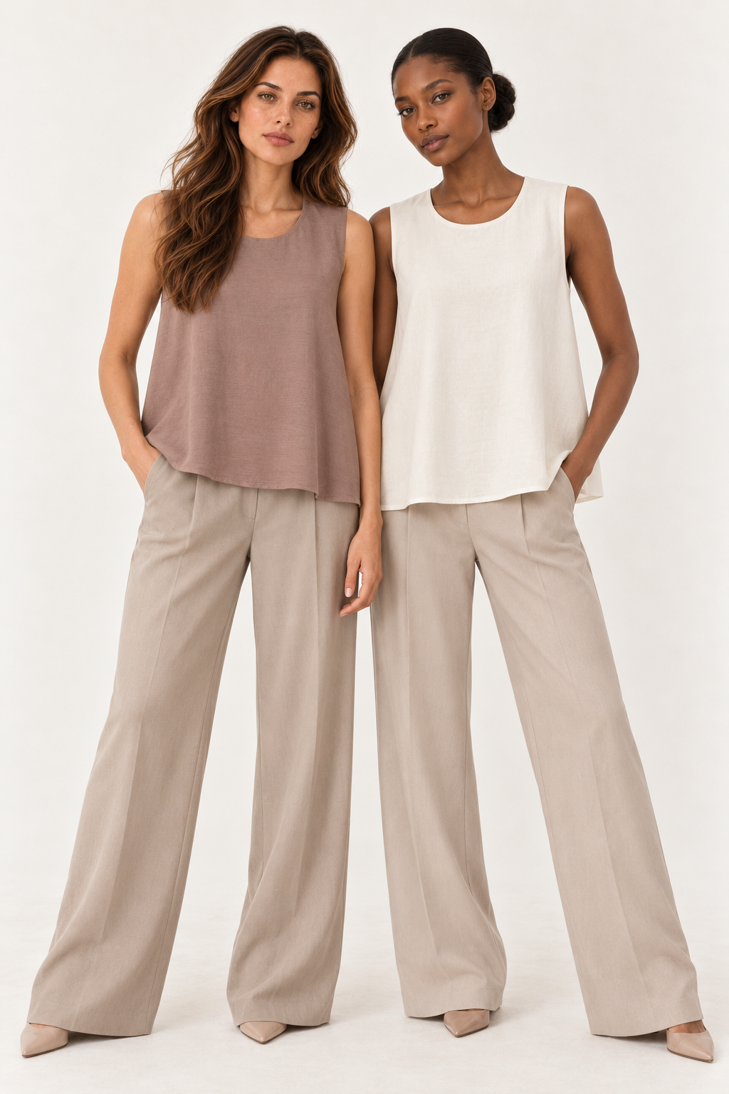 YAYA Balloon Hem Top with Button Back shown in both shades, Brownie Brown and Cloud Creme White
