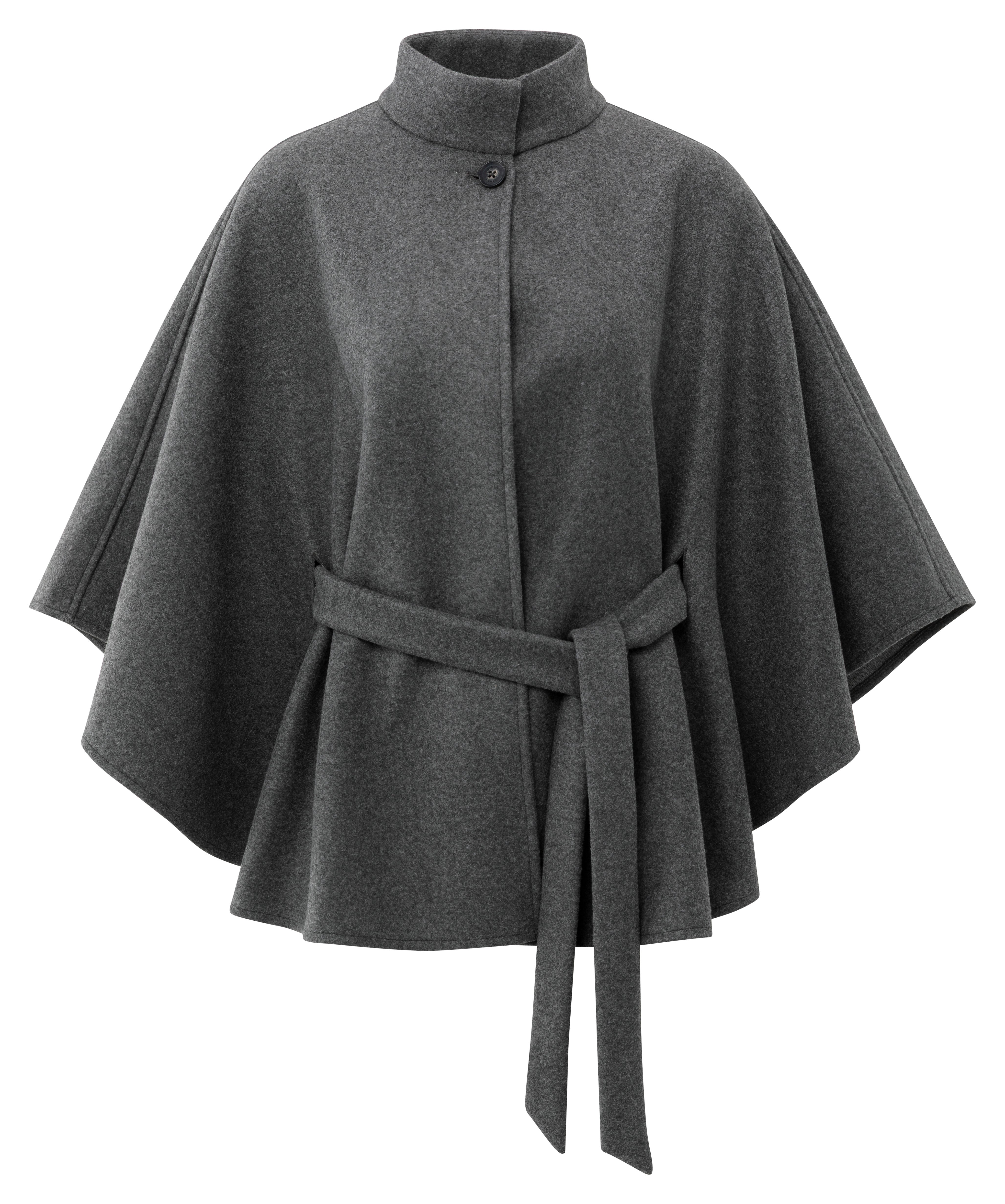 YAYA soft woven grey poncho with stand collar and self-tie belt