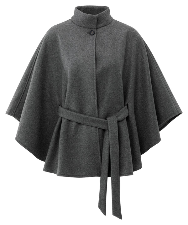 YAYA soft woven grey poncho with stand collar and self-tie belt