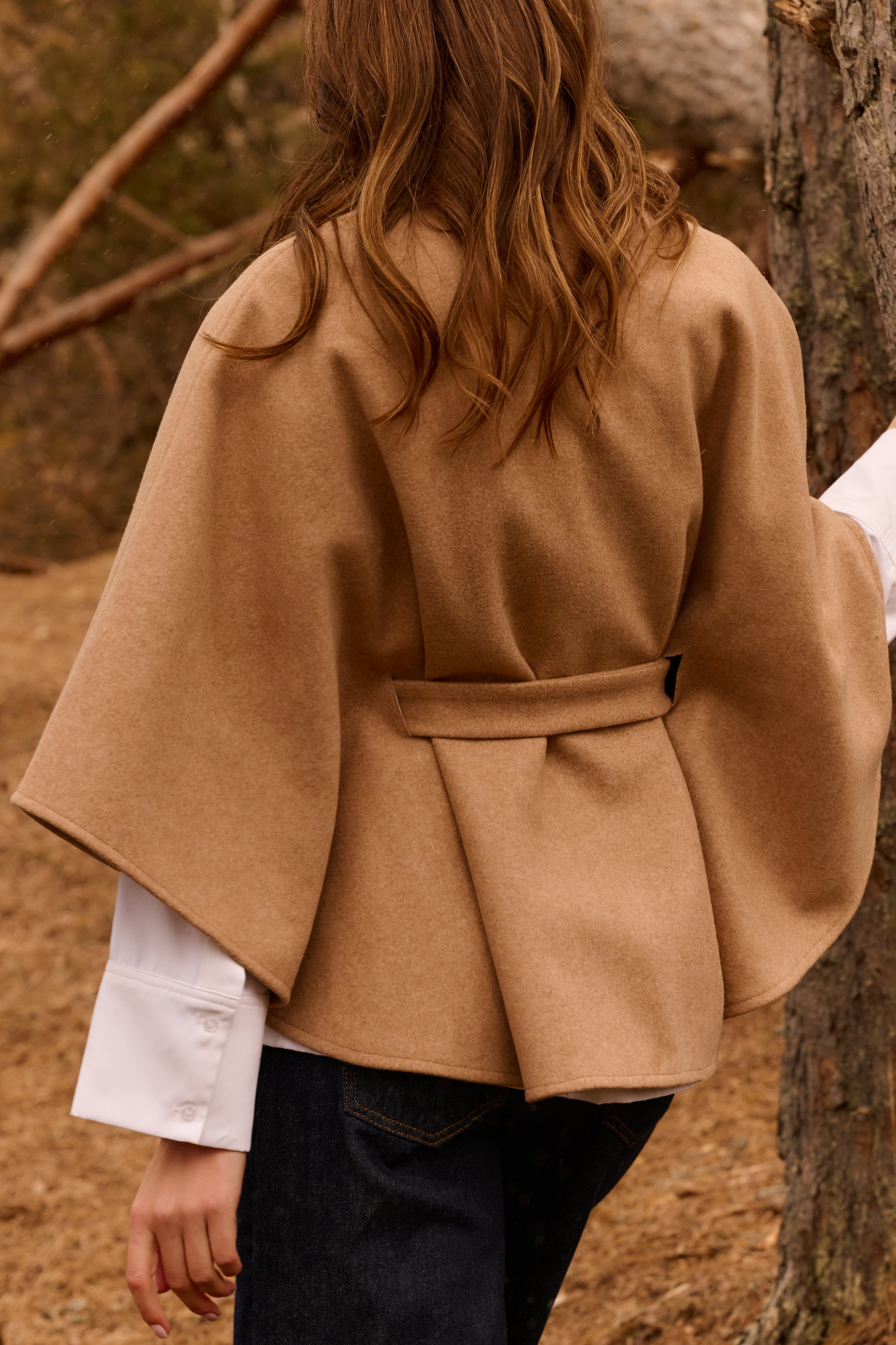 Back view of the YAYA Soft Woven Poncho with Collar & Belt in camel showcasing the flowing cape design and matching waist belt