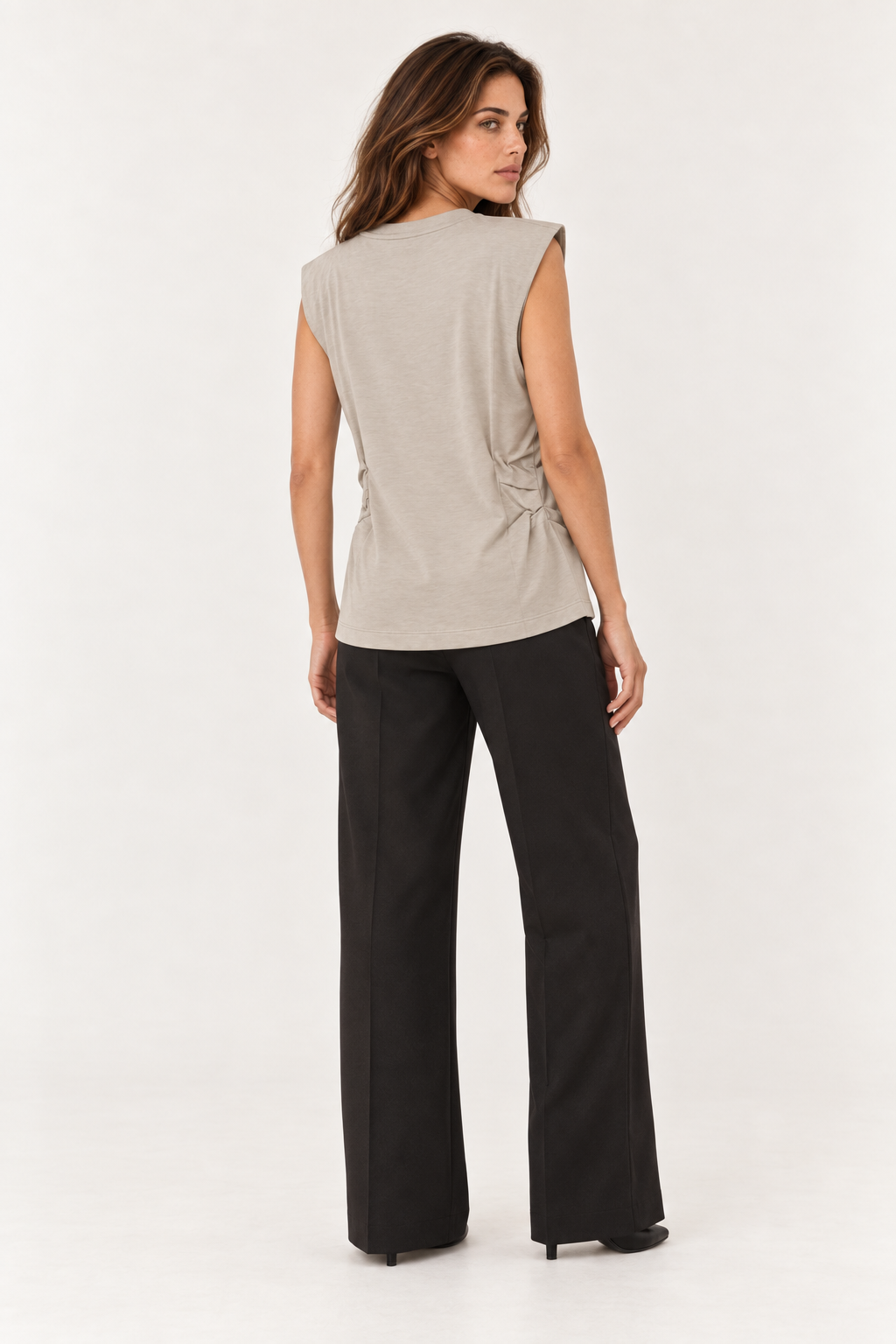 Model wearing the YAYA pleated side top in Crockery Brown, back view #Colour_Crockery Brown