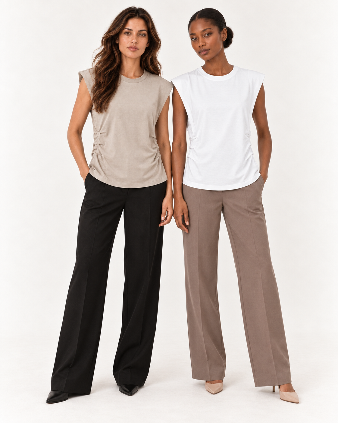 Two models wearing the YAYA pleated side top, one in Pure White and one in Crockery Brown
