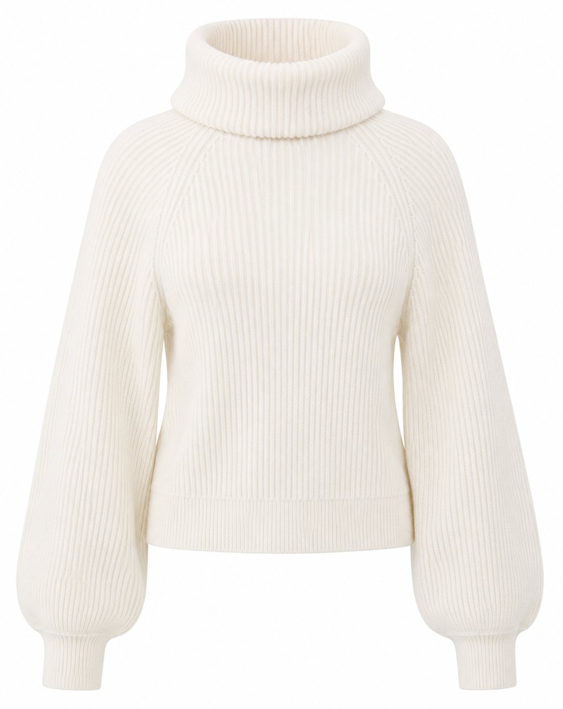 Front view of the YAYA Sweater with Wide Collar in Wool White featuring a chunky ribbed knit, oversized turtleneck collar, raglan sleeves and voluminous balloon sleeves.