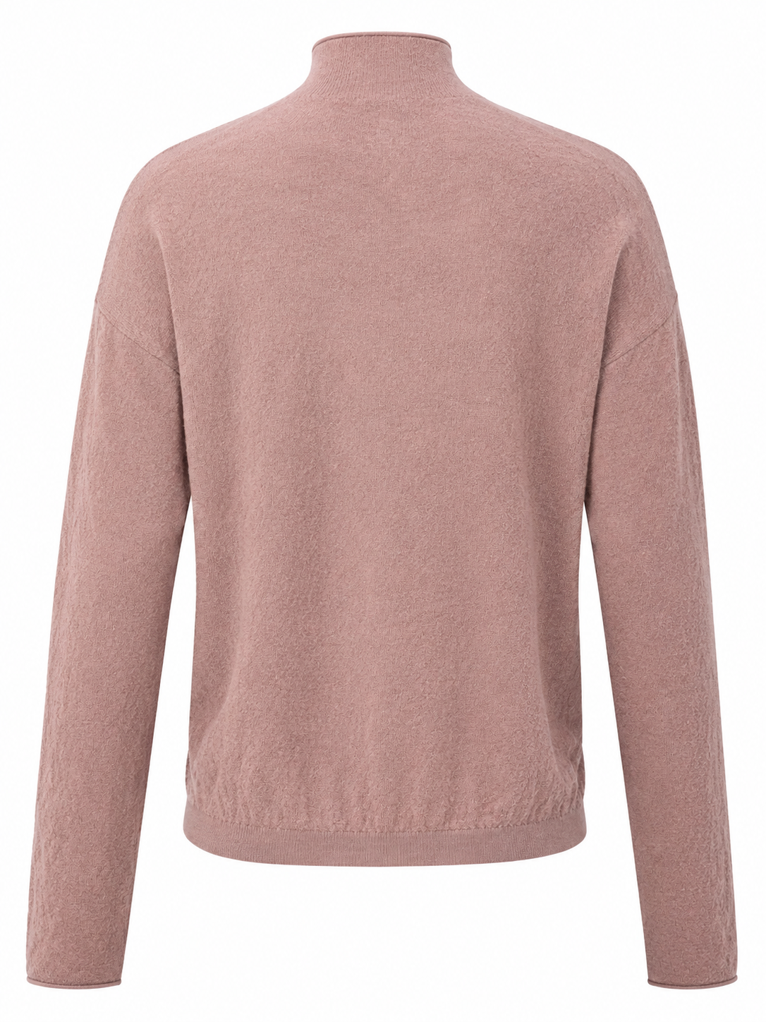 Back view of the YAYA textured cardigan in Blush Pink with a high neckline, long sleeves and relaxed silhouette.