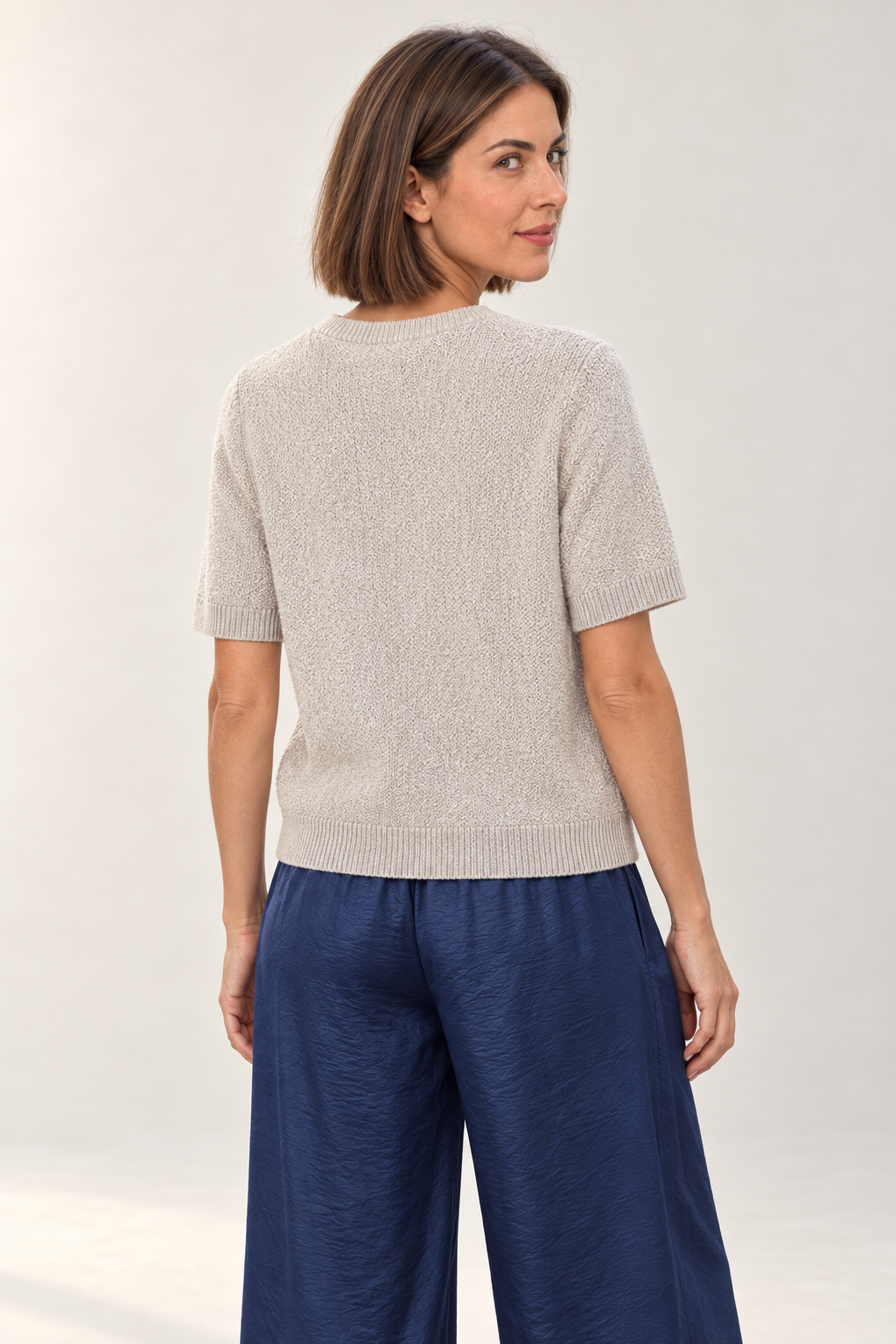 YAYA Textured Short Sleeve Knit in Desert Beige Dessin worn by model, back view