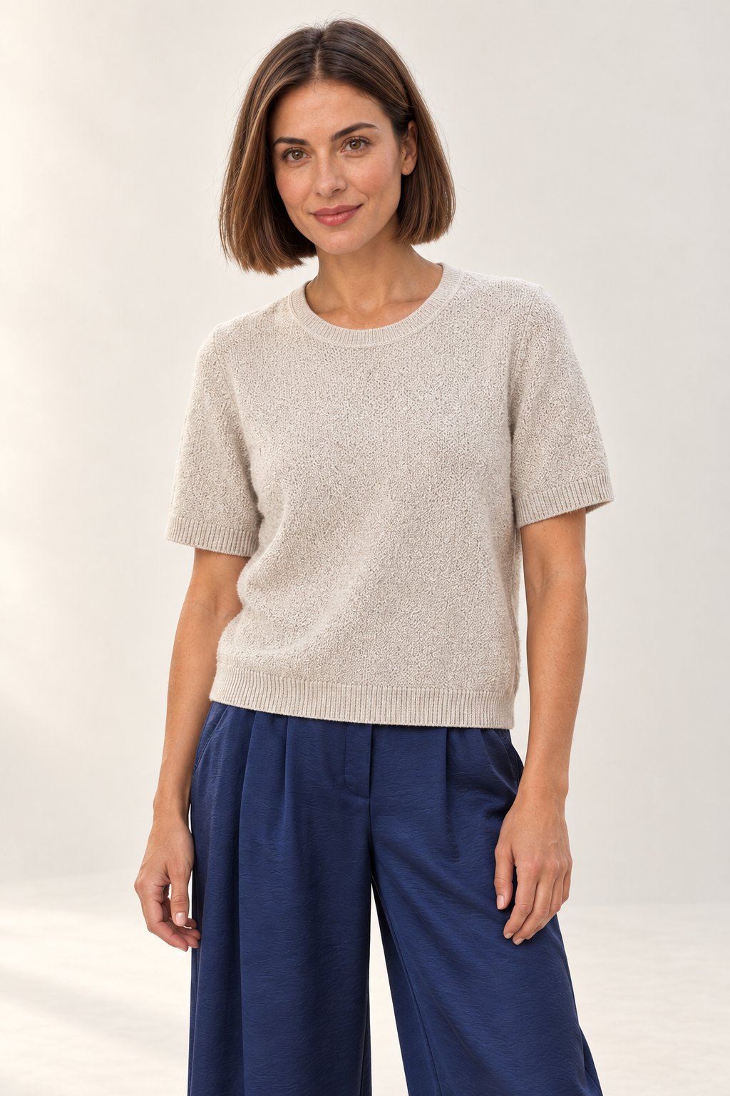 YAYA Textured Short Sleeve Knit in Desert Beige Dessin worn by model, front close-up view