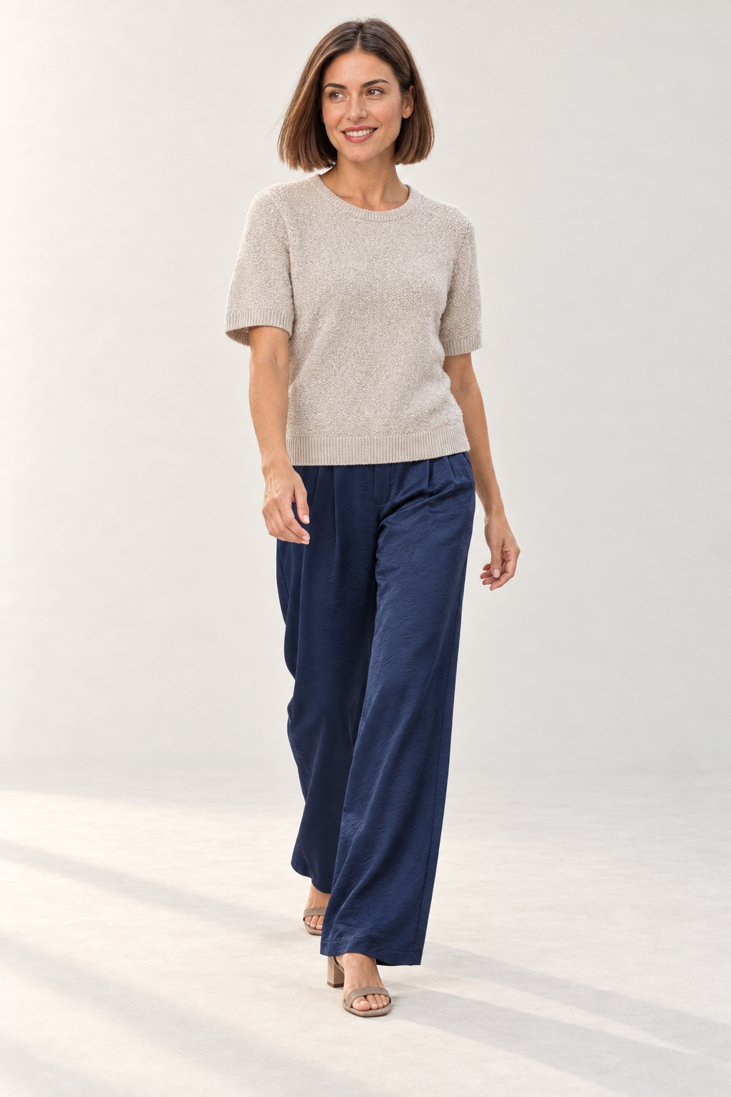 YAYA Textured Short Sleeve Knit in Desert Beige Dessin worn by model, walking view