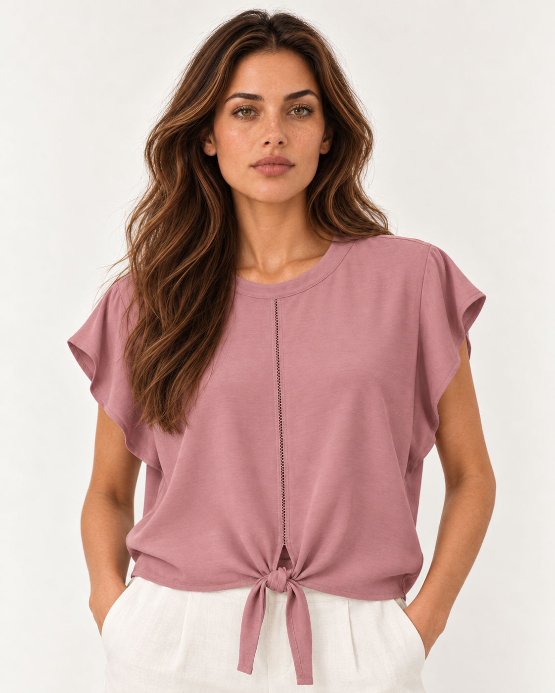 Close view of the YAYA Knot Hem Top in Burlwood Pink, showing the openwork ladder stitch down the centre front #Colour_Burlwood Pink