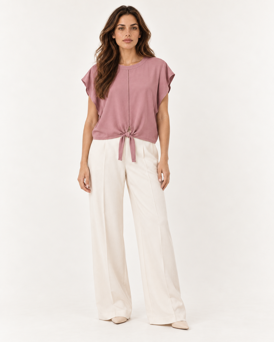 Model wearing the YAYA Knot Hem Top in Burlwood Pink, full length front view with the drawcord knotted at the hem #Colour_Burlwood Pink