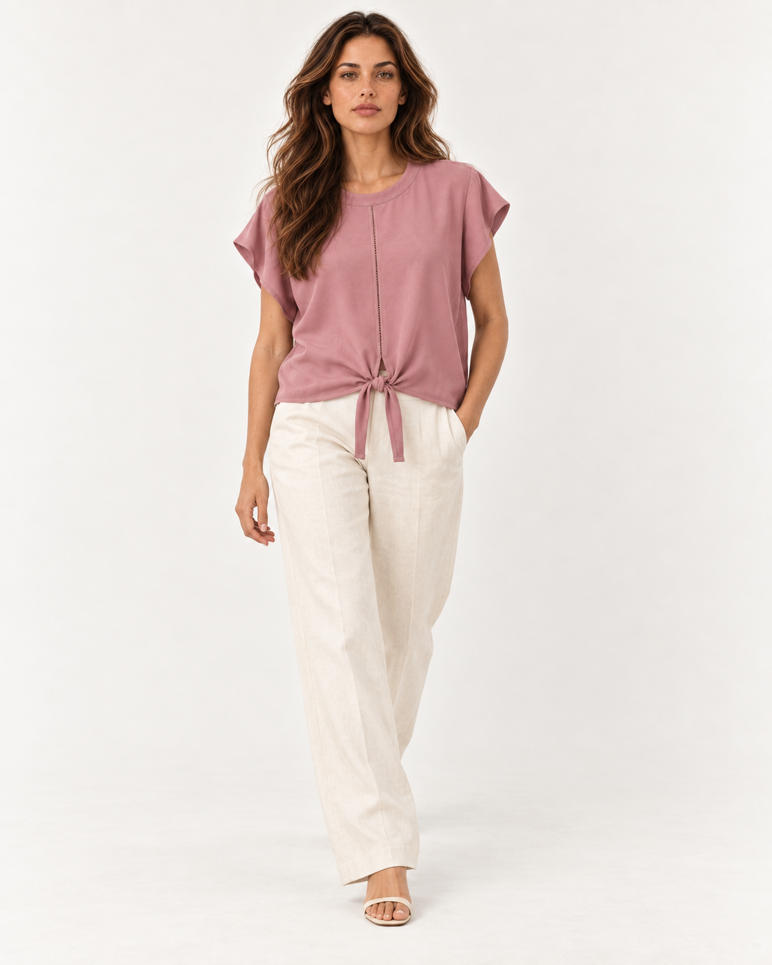 Model walking in the YAYA Knot Hem Top in Burlwood Pink, the viscose moving with the short wide sleeves #Colour_Burlwood Pink