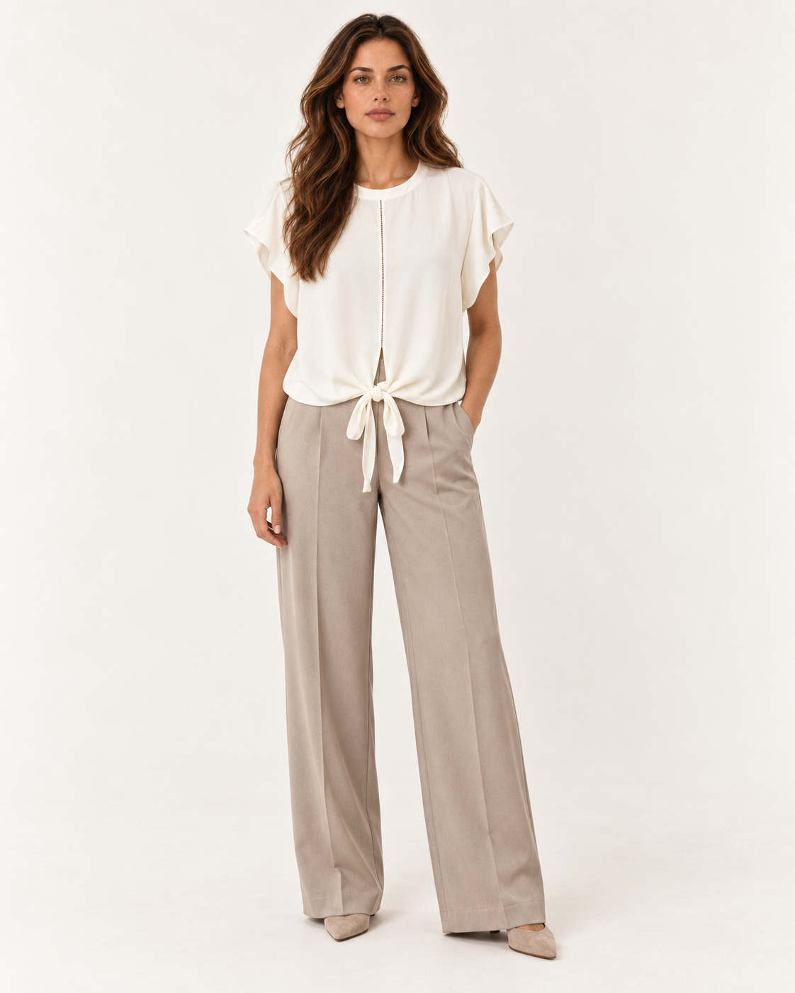 Model wearing the YAYA Knot Hem Top in Ivory White, full length front view with the drawcord knotted at the hem #Colour_Ivory White