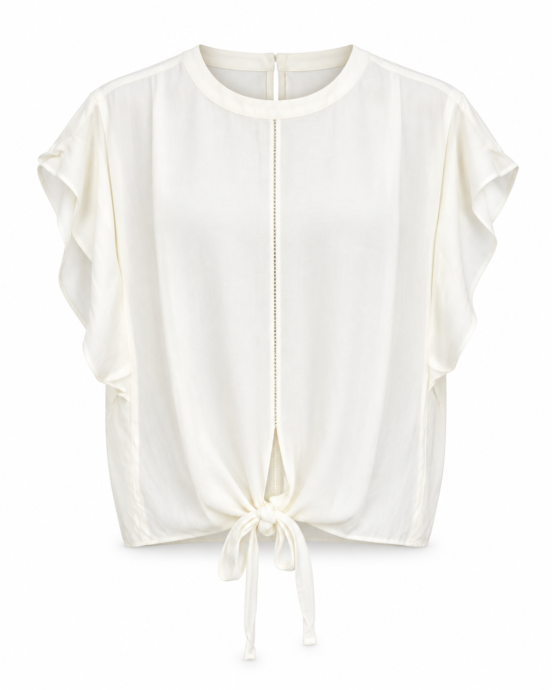 The YAYA Knot Hem Top in Ivory White, flat front view showing the elasticated hem and drawcord #Colour_Ivory White