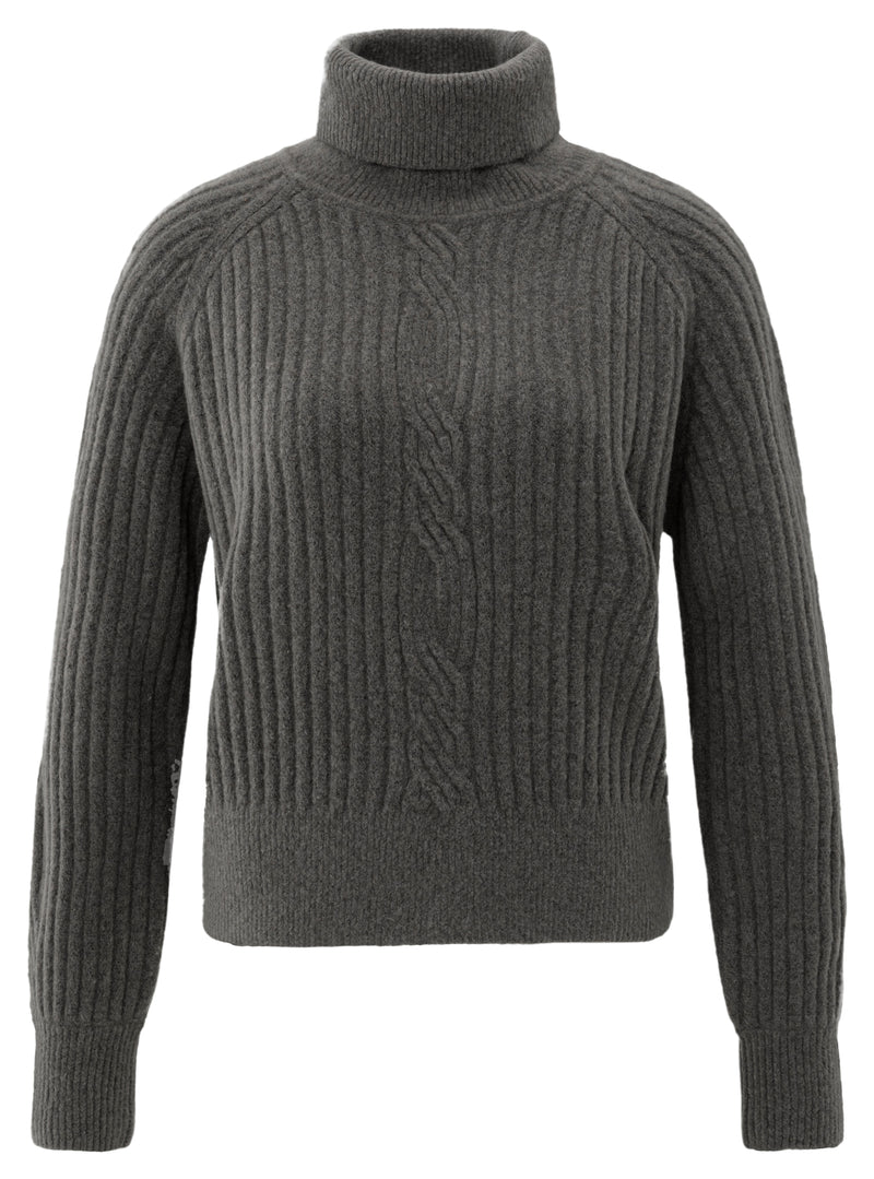 Front view of the YAYA Turtle Neck Sweater with Cable in Dark Taupe Grey Melange featuring a soft ribbed wool-blend knit, central cable detail, raglan sleeves and a classic roll-neck.