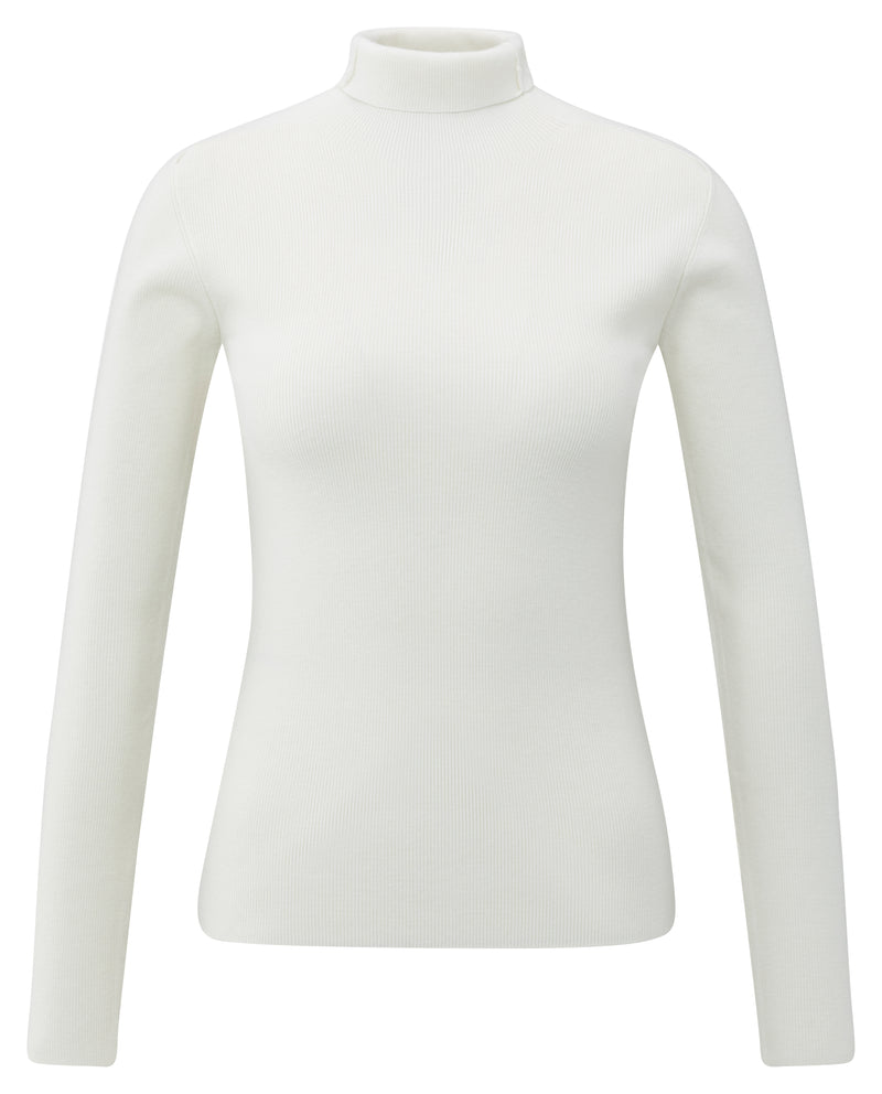 Front view of the YAYA Turtle Rib Fitted Sweater in Early Frost White featuring a soft stretch rib knit, slim fitted silhouette, long sleeves and a classic turtleneck.