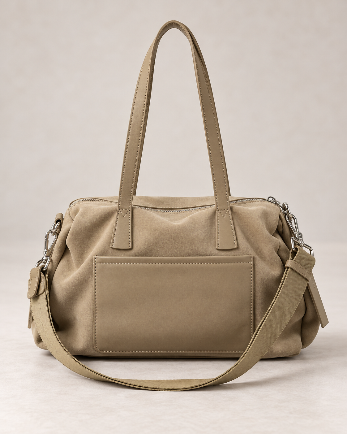Front product view of YAYA Utility Bag in Sandstone Beige featuring a zip closure, two top handles, exterior pocket, silver-tone hardware and detachable shoulder strap