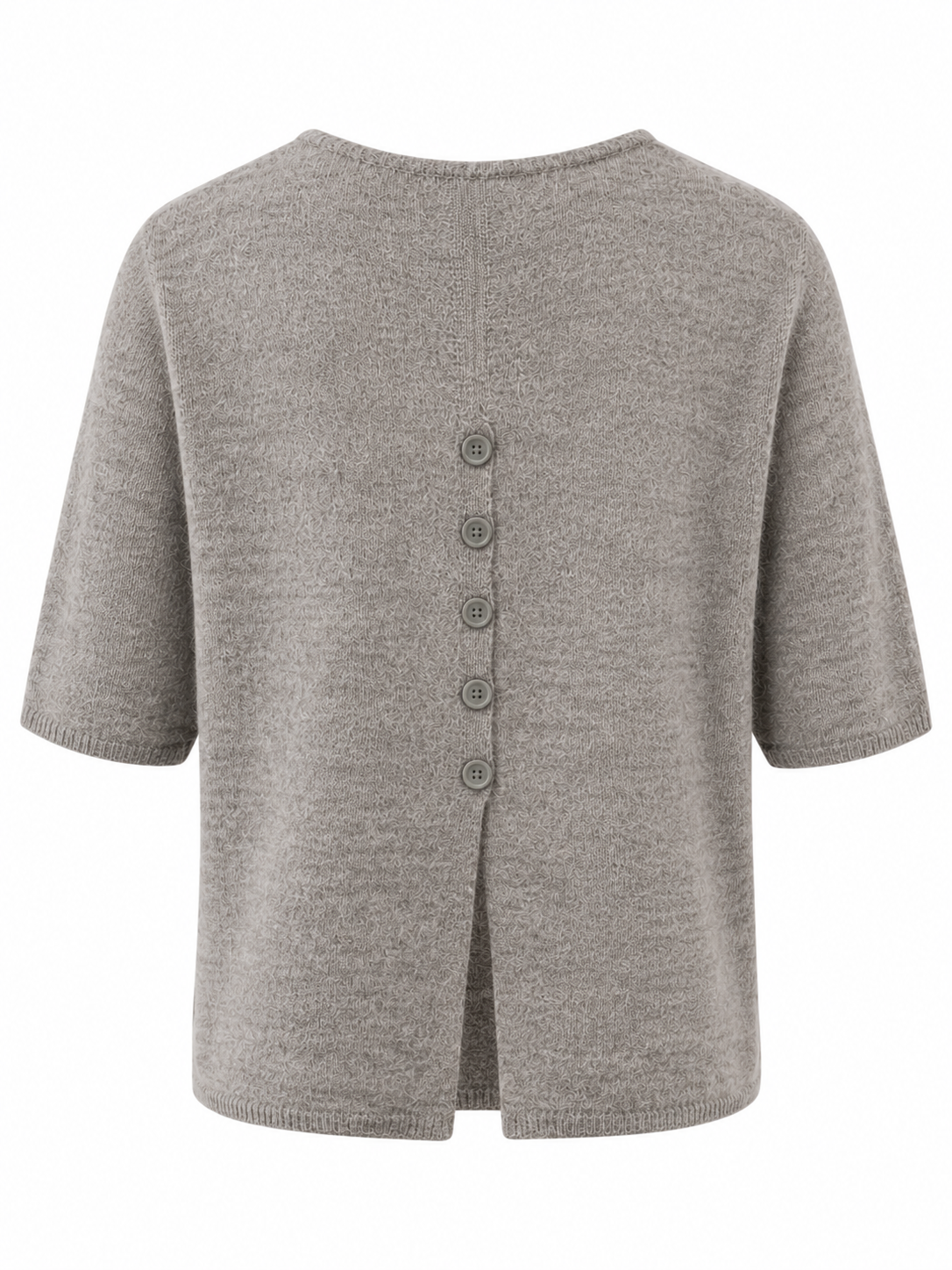 Back view of the YAYA V-Neck Short Sleeve Sweater in Cloud Grey Melange Yarn showcasing the elegant button-back detail and relaxed silhouette.