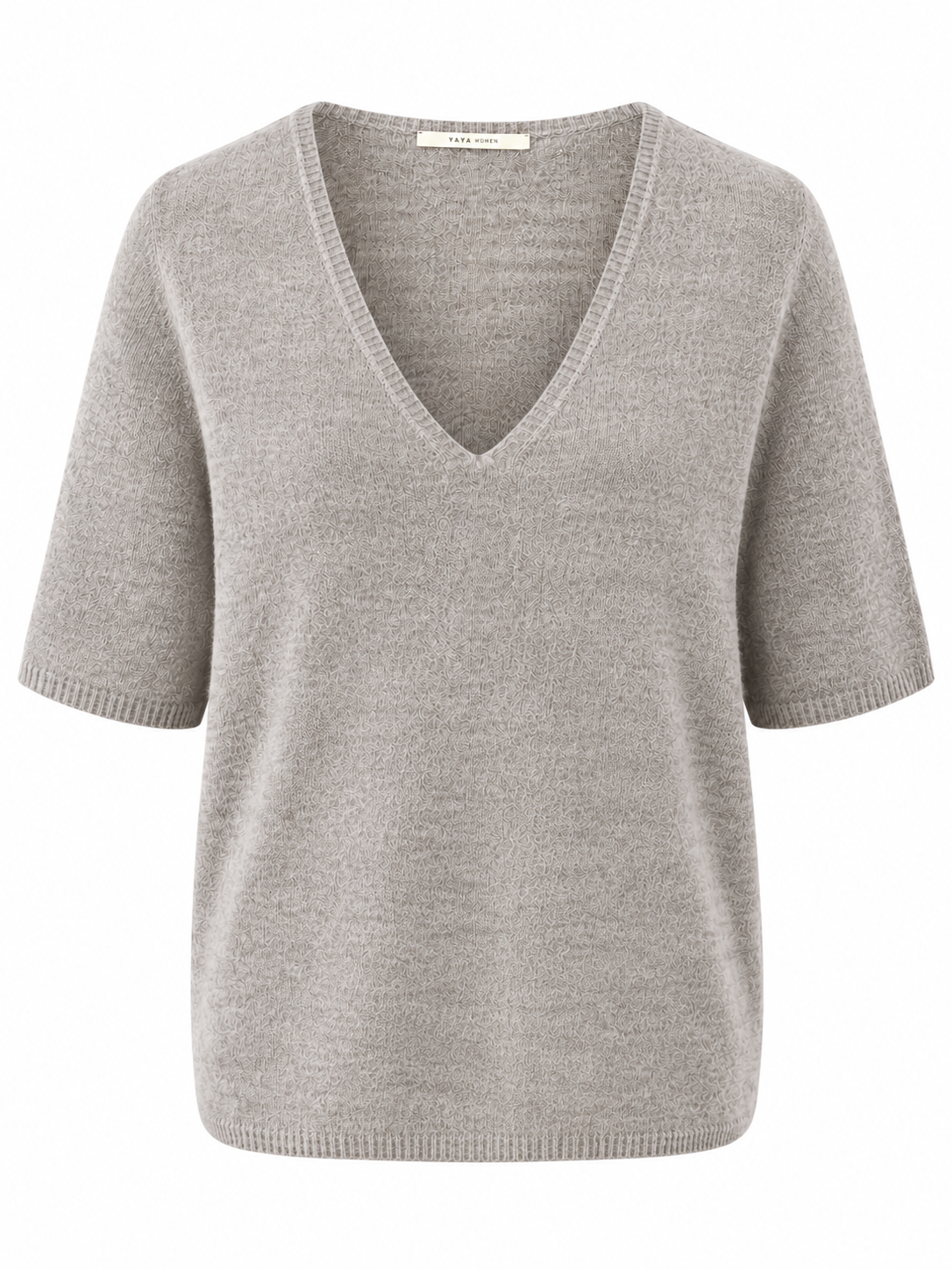Front view of the YAYA V-Neck Short Sleeve Sweater in Taupe Grey Melange Yarn featuring a soft lightweight knit, flattering V-neckline and relaxed silhouette.