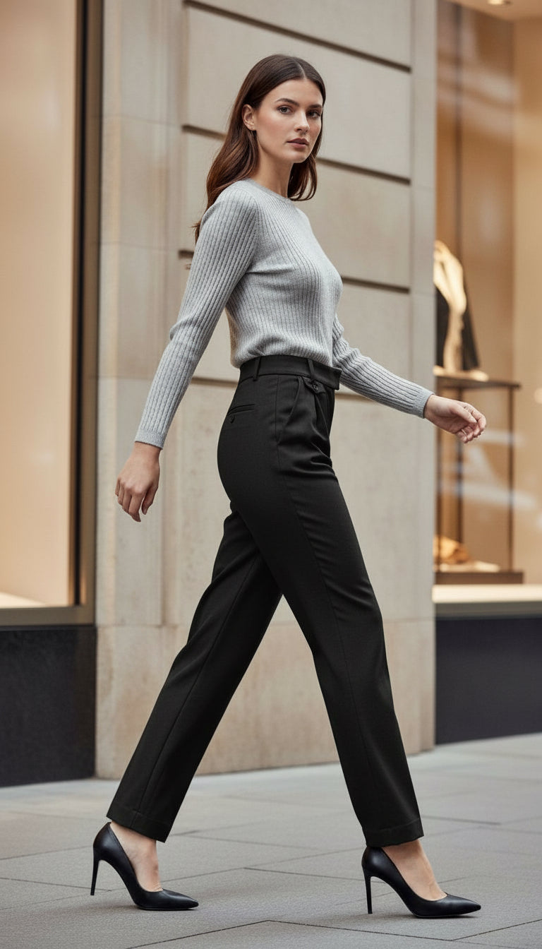 YAYA oyster black wide leg trousers styled with heels and knit top