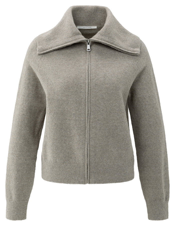 YAYA Zip Cardigan with Wide Collar in Grey Melange